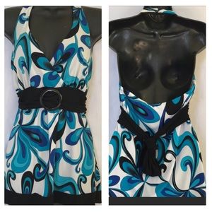 Retro Print Wrap Halter with Tie Waist